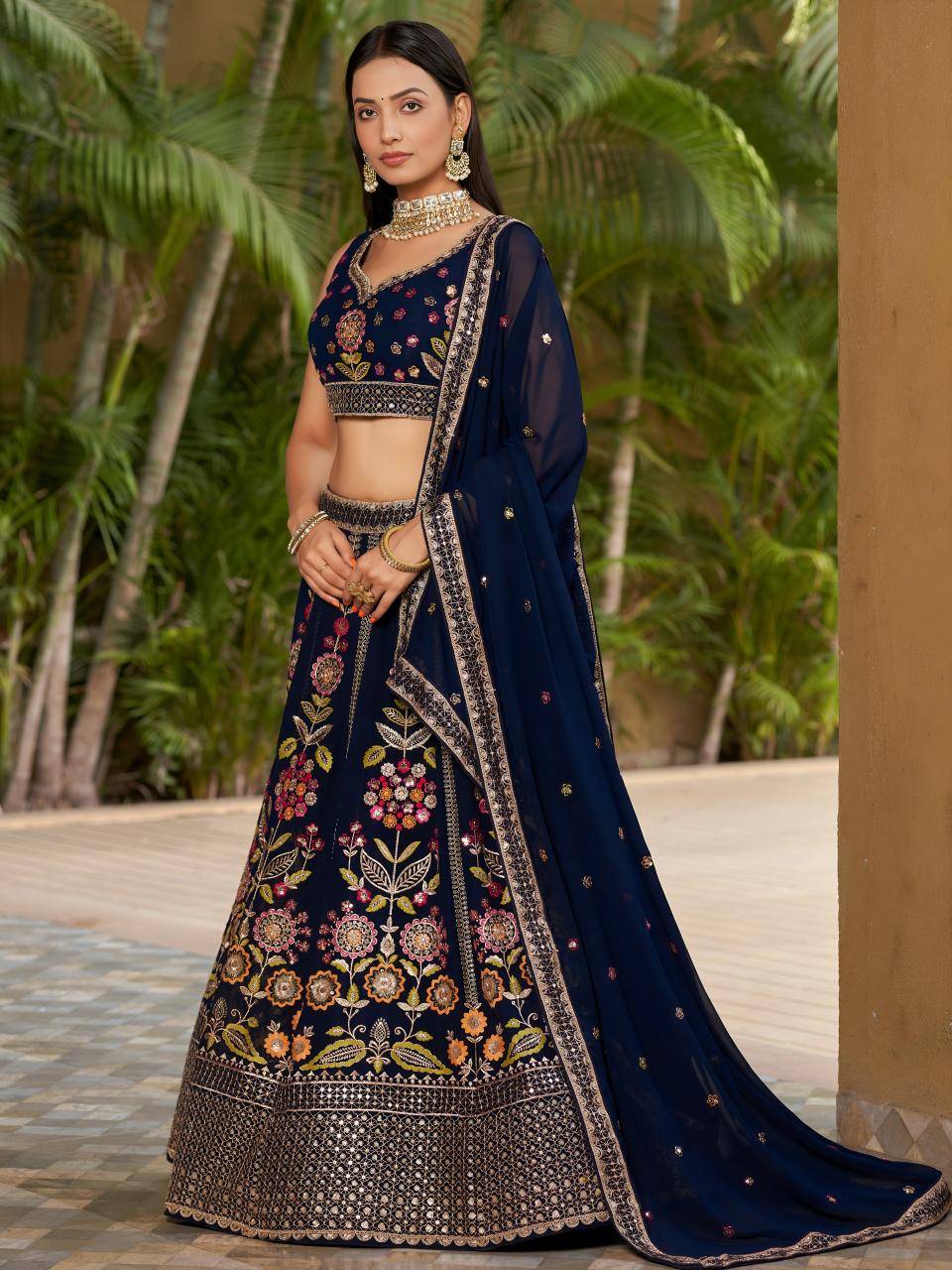 Olive Embroidered Georgette Blue Party wear lehenga choli at wholesale prices